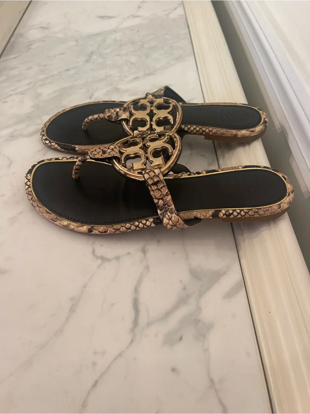 Tory Burch Black & Gold Snake-Print Logo Thong Sandals